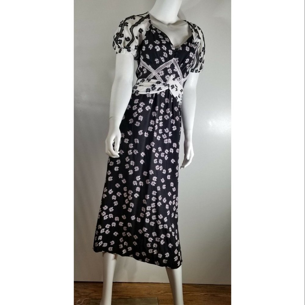 Self Portrait Daisy Print Puff Sleeve Women's Midi Dress, Black/White Size US 2 - Picture 3 of 12